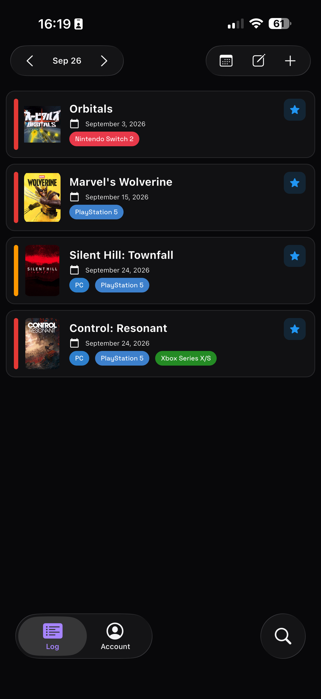 GameLogfy calendar view