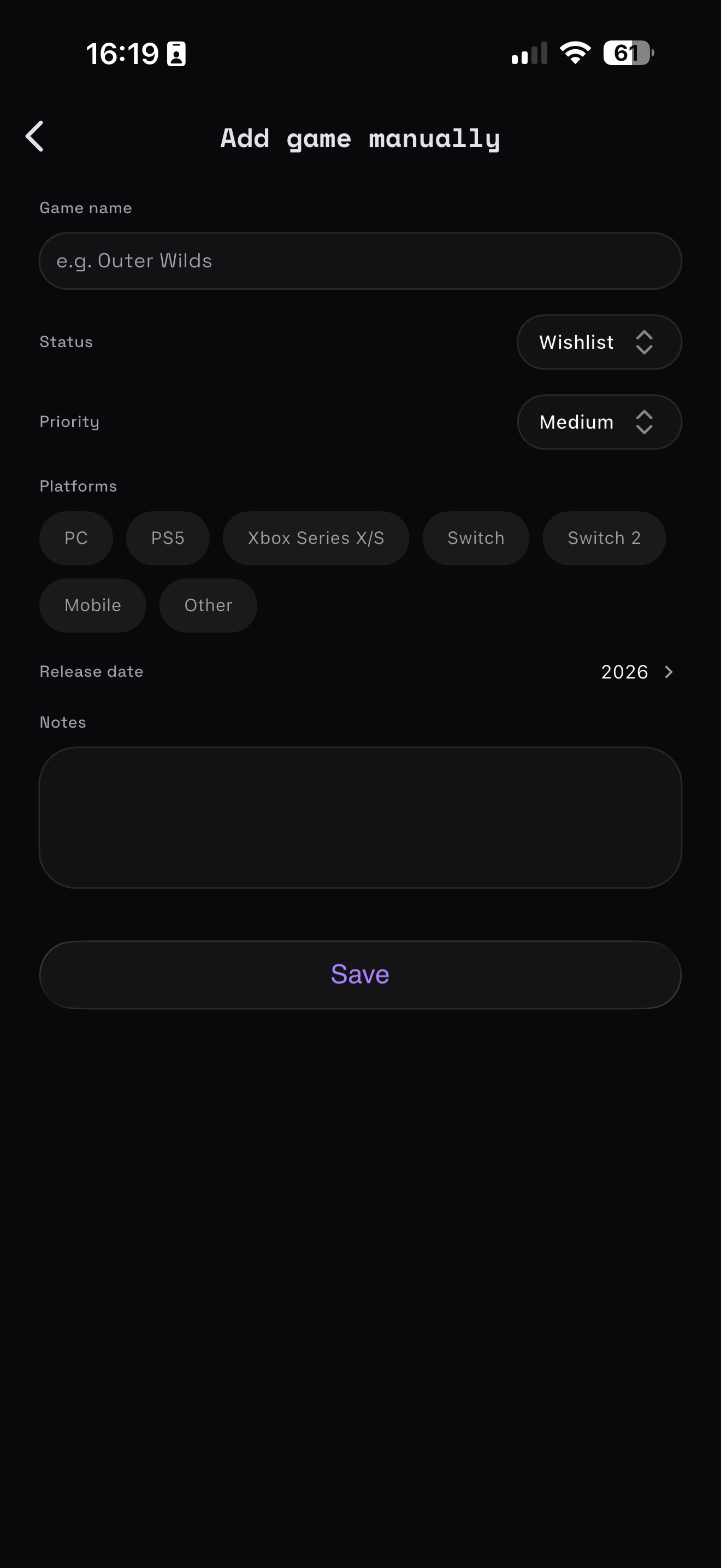 GameLogfy manual entry